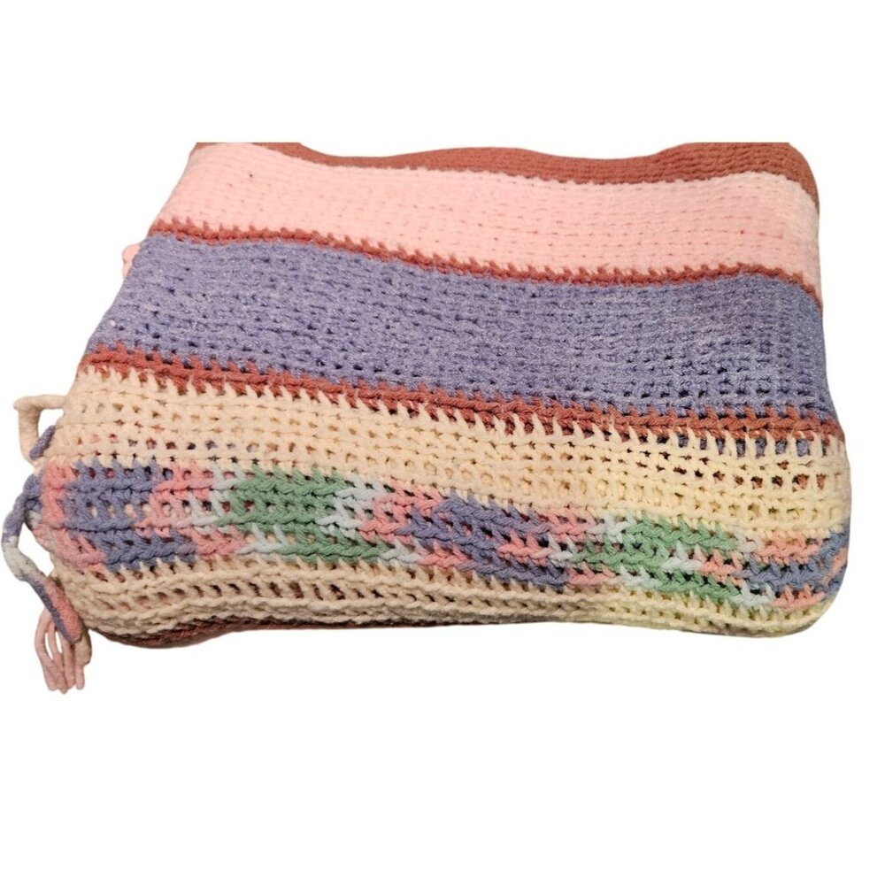 Handmade Multicolor Crocheted Blanket 72" X 78" Boho Style With Fringe
